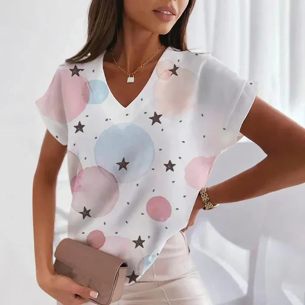 Damen V-Ausschnitt Bluse mit Print Büro Freizeit
