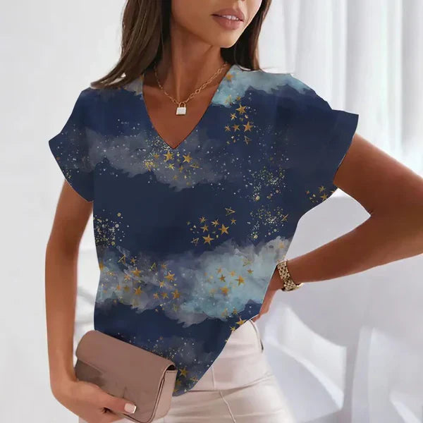 Damen V-Ausschnitt Bluse mit Print Büro Freizeit