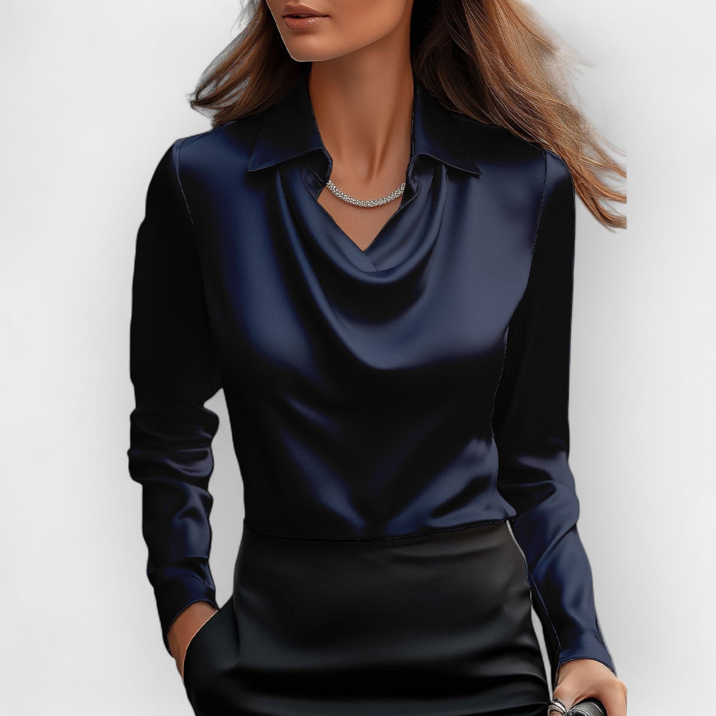 Damen Satinbluse Langarm Wasserfallkragen Eleganz