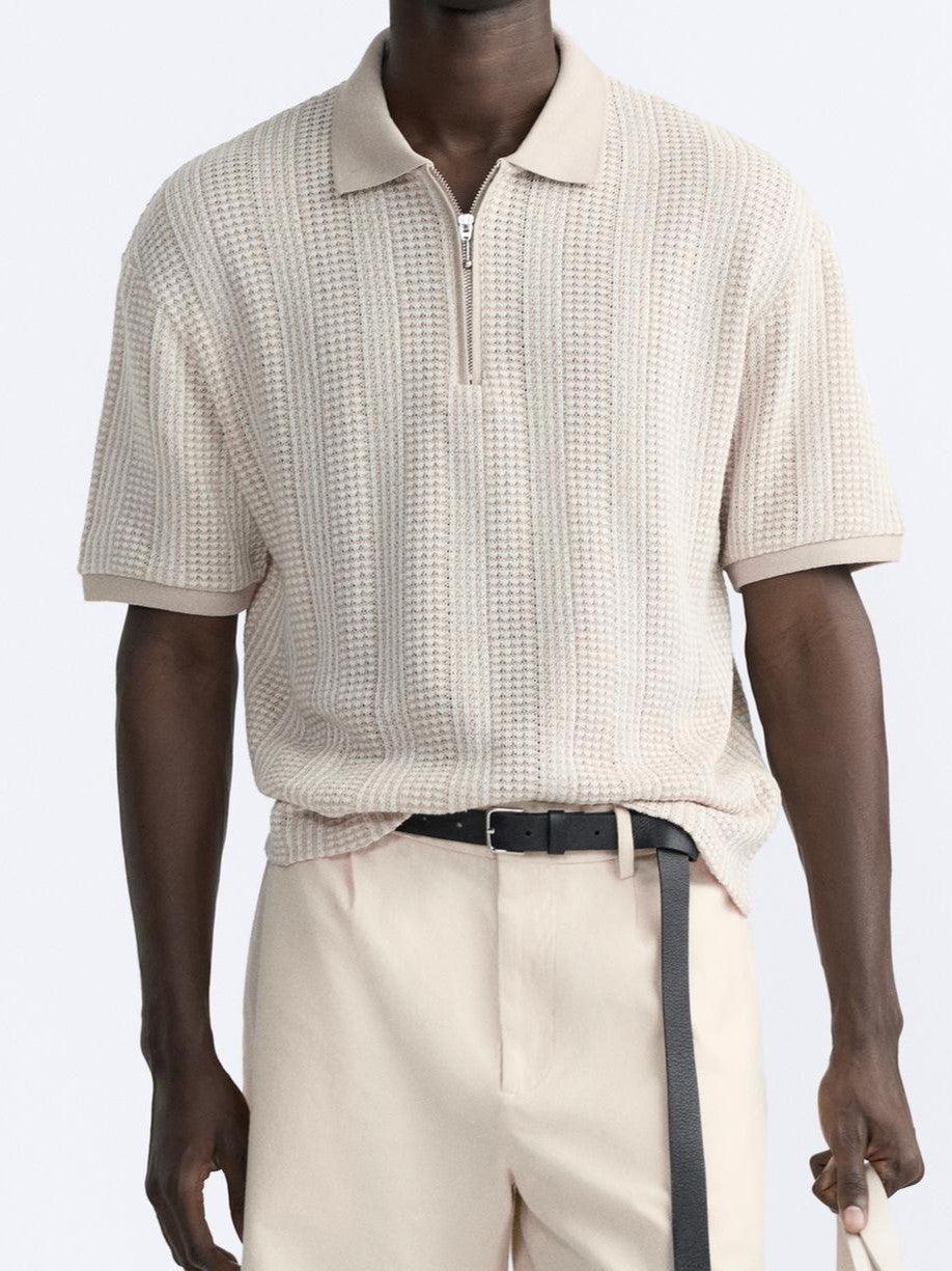Herren Strickpoloshirt Reißverschluss V-Ausschnitt