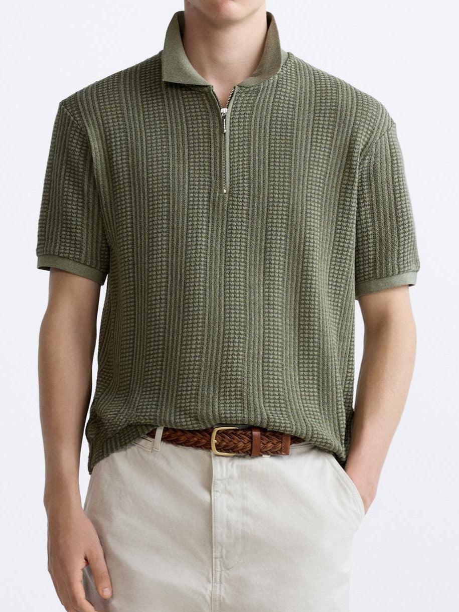 Herren Strickpoloshirt Reißverschluss V-Ausschnitt