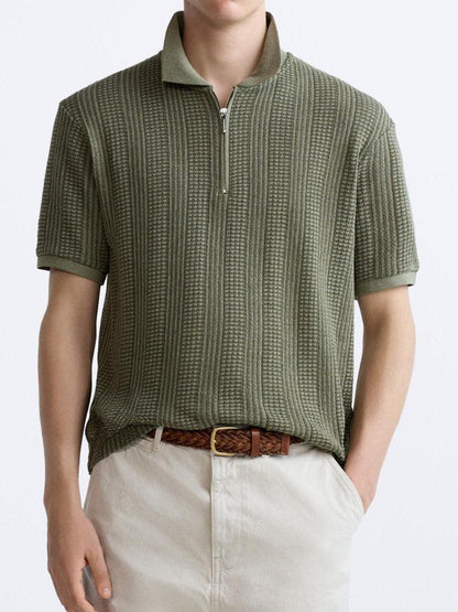 Herren Strickpoloshirt Reißverschluss V-Ausschnitt