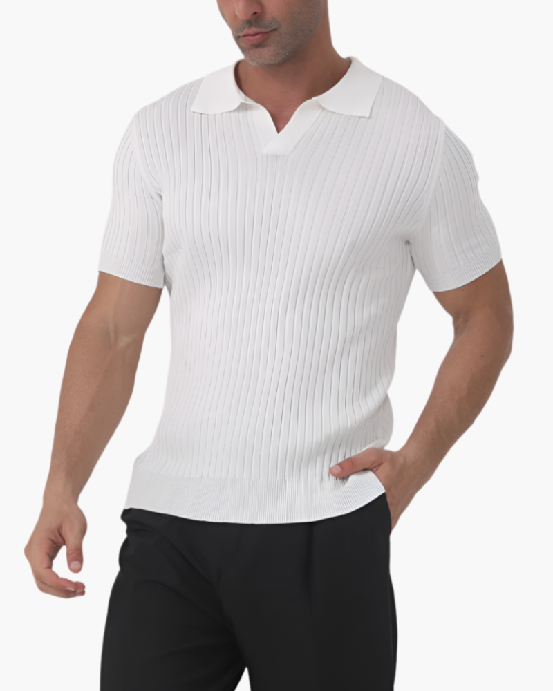 Herren Poloshirt V-Ausschnitt Ribstrick Weiß - Norvielle
