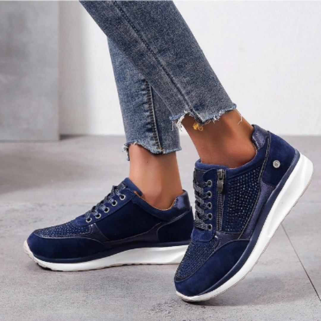 Damen Plateau-Schnürsneaker Strass Glitzer