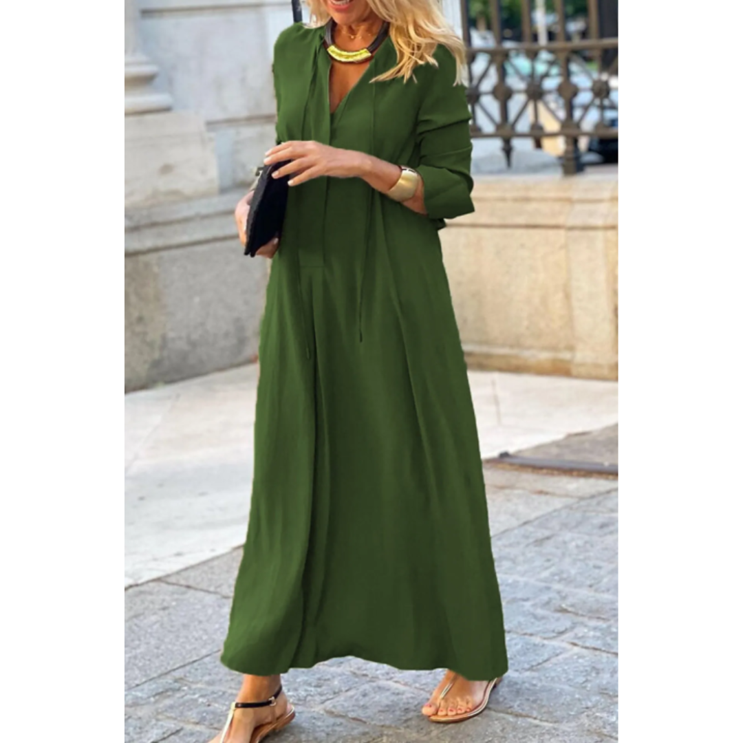 Damen Maxikleid V-Ausschnitt Langarm Baumwolle