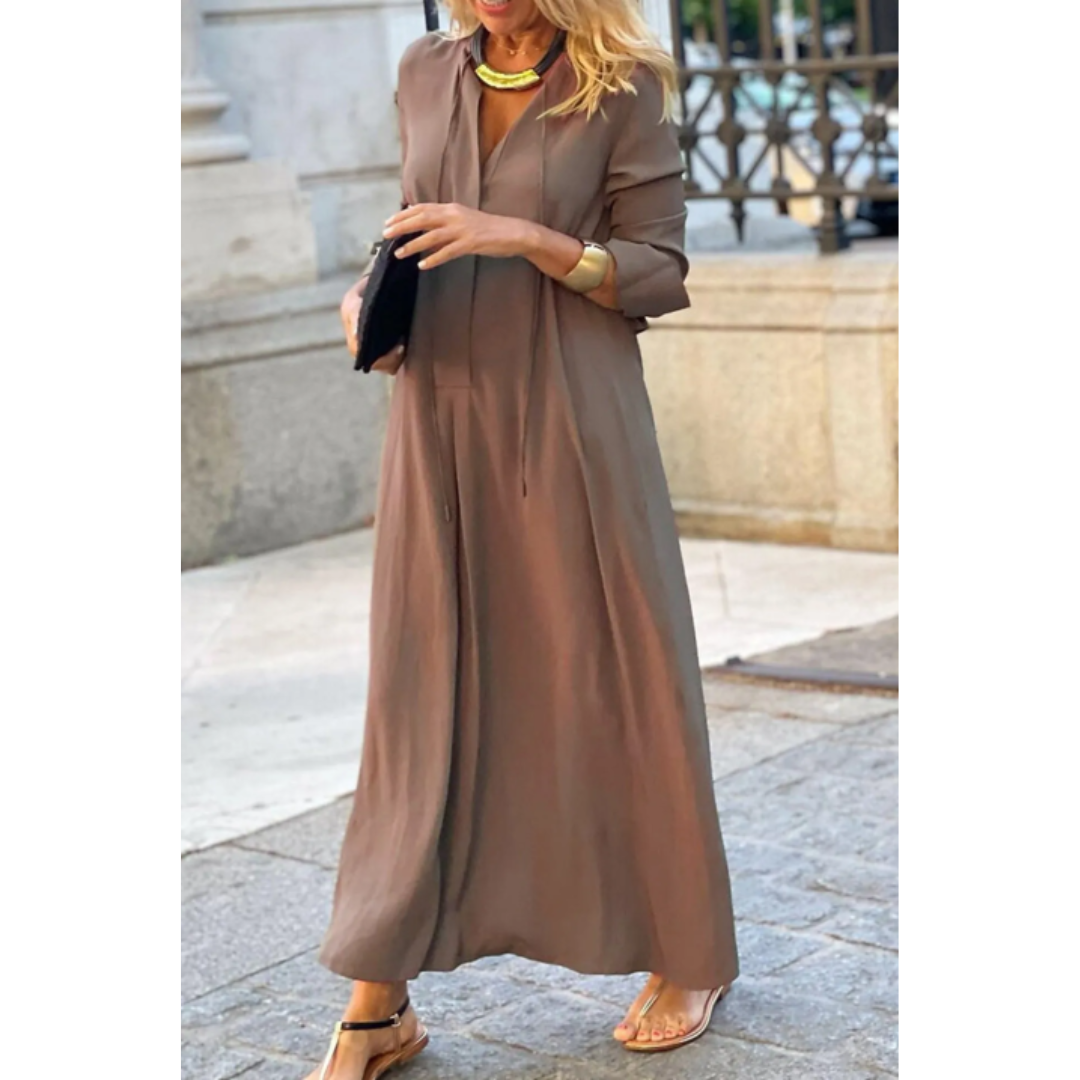 Damen Maxikleid Langarm V-Ausschnitt