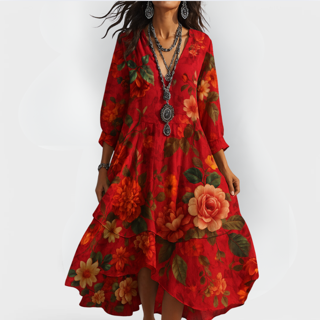 Damen Vintage Boho Sommerkleid V-Ausschnitt