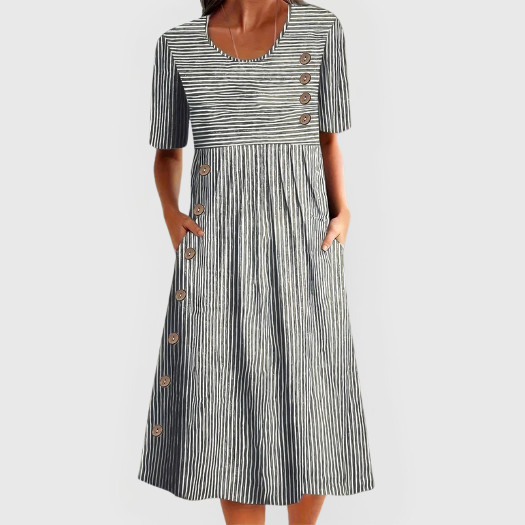 Damen A-Linien Midikleid Baumwolle Streifen