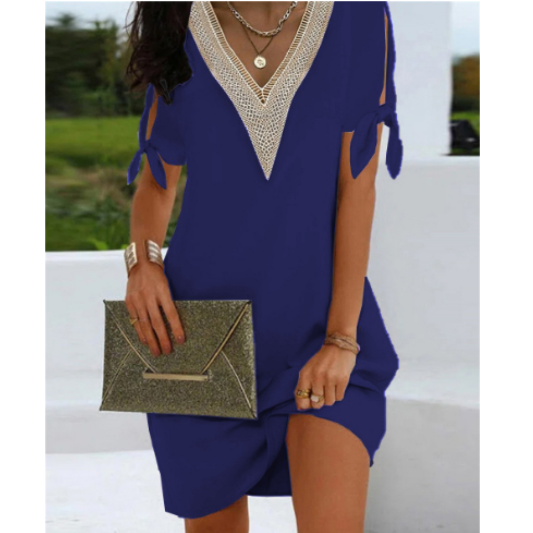 Damen Minikleid Boho V-Ausschnitt Kurzarm