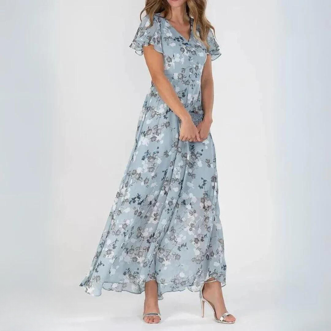 Damen Maxikleid V-Ausschnitt Blumenmuster Chiffon Elegant
