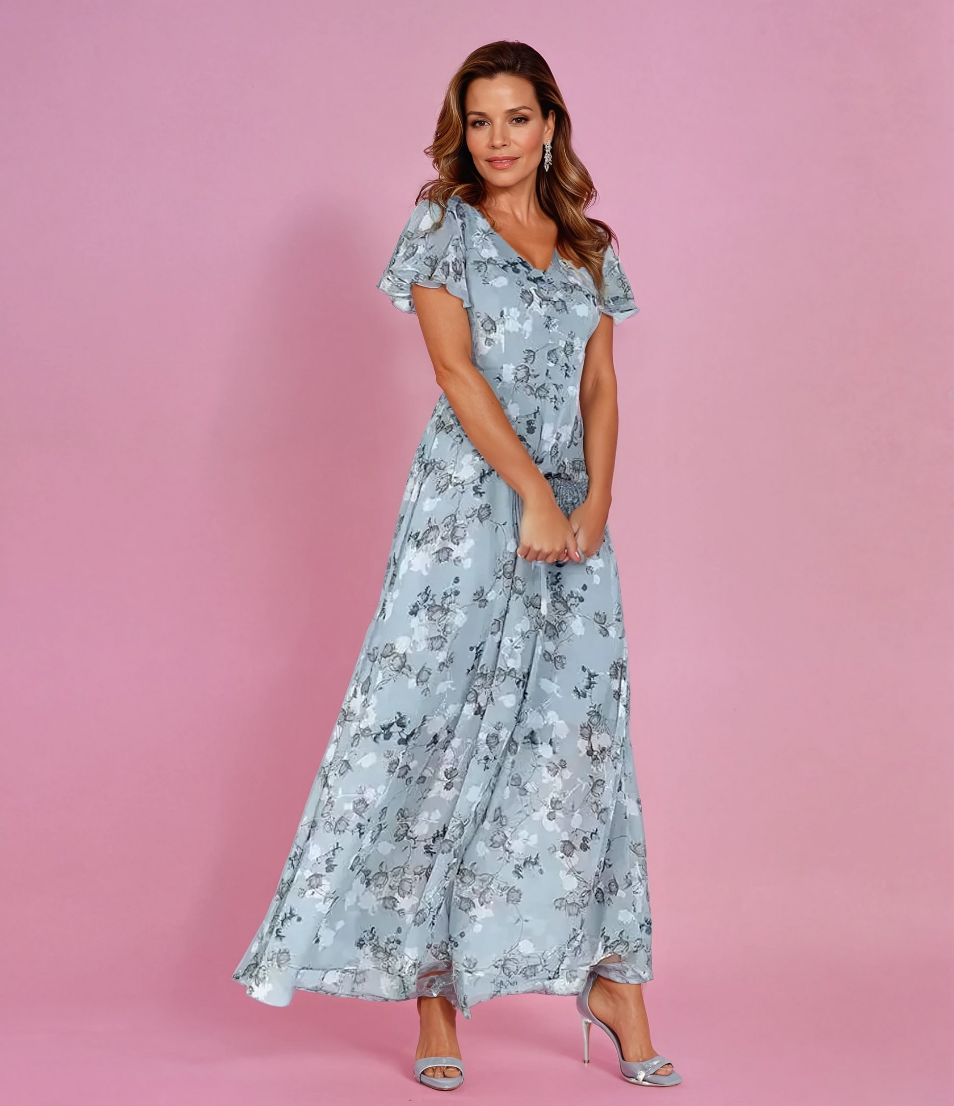 Damen Maxikleid V-Ausschnitt Blumenmuster Chiffon Elegant - Norvielle