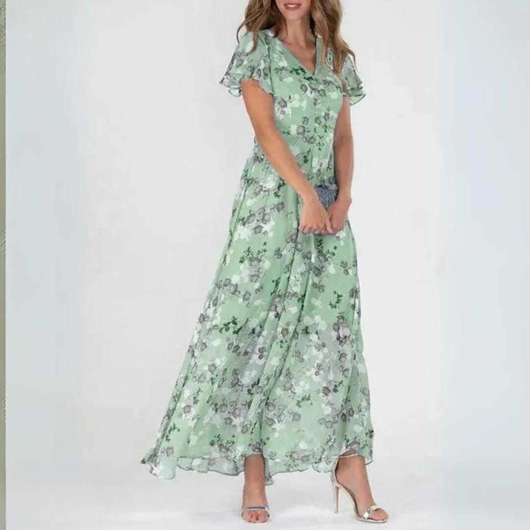 Damen Maxikleid Chiffon V-Ausschnitt Floralmuster Elegant Hellblau