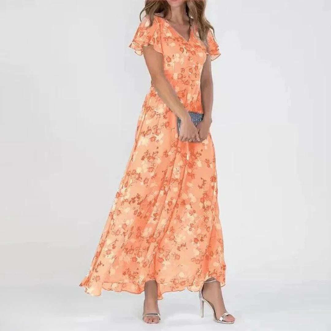 Damen Maxikleid Chiffon V-Ausschnitt Floralmuster Elegant Hellblau
