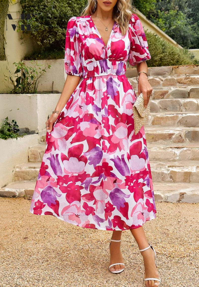 Damen Wickelkleid Abstrakt Print Midi Länge