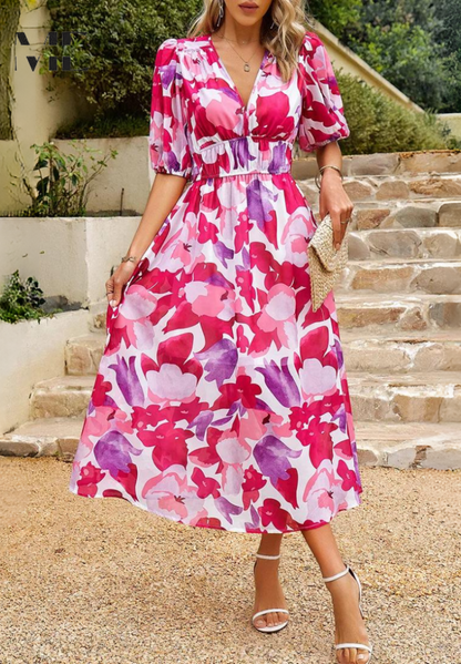 Damen Wickelkleid Abstrakt Print Midi Länge