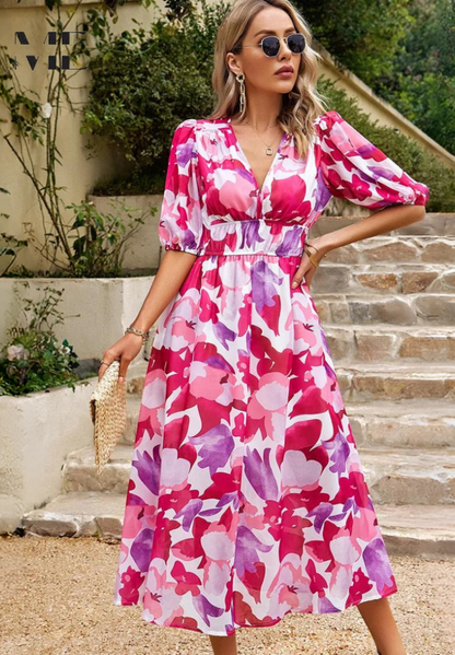 Damen Wickelkleid Abstrakt Print Midi Länge
