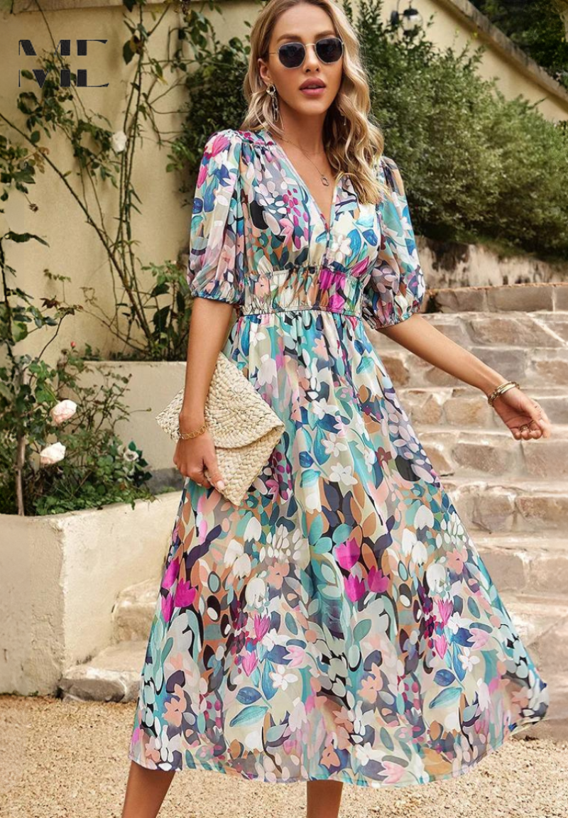 Damen Wickelkleid Abstrakt Print Midi Länge