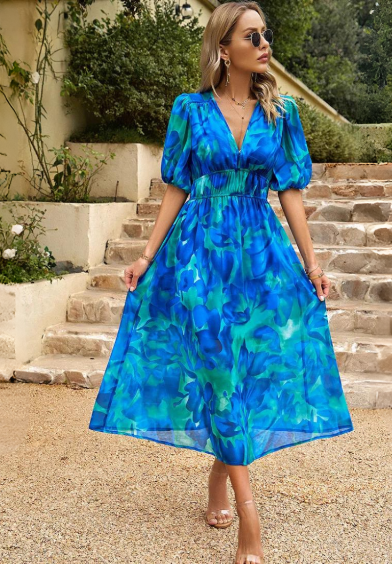 Damen Wickelkleid Abstrakt Print Midi Länge
