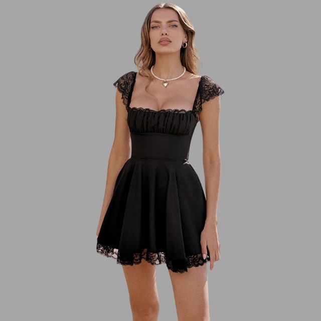 Norvielle Damenkleid Spitzenbesatz Fließender Rock