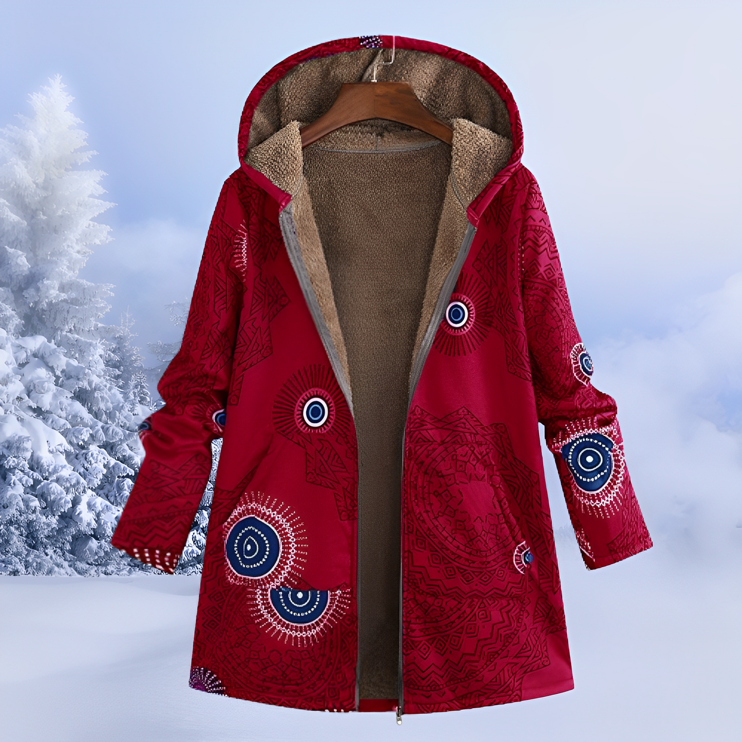 Damen Winterjacke Fellfutter Ethno-Muster