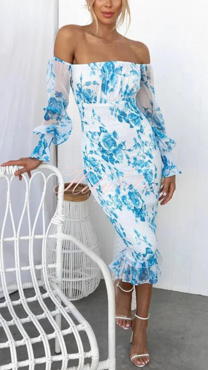 Rosa Off-Shoulder Bodycon Kleid Blumenprint Damen Midikleid Sommer