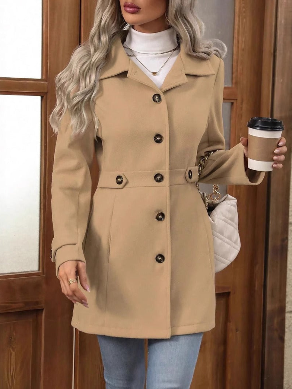 Damen Langmantel Baumwolle Gürtel Knöpfe Beige