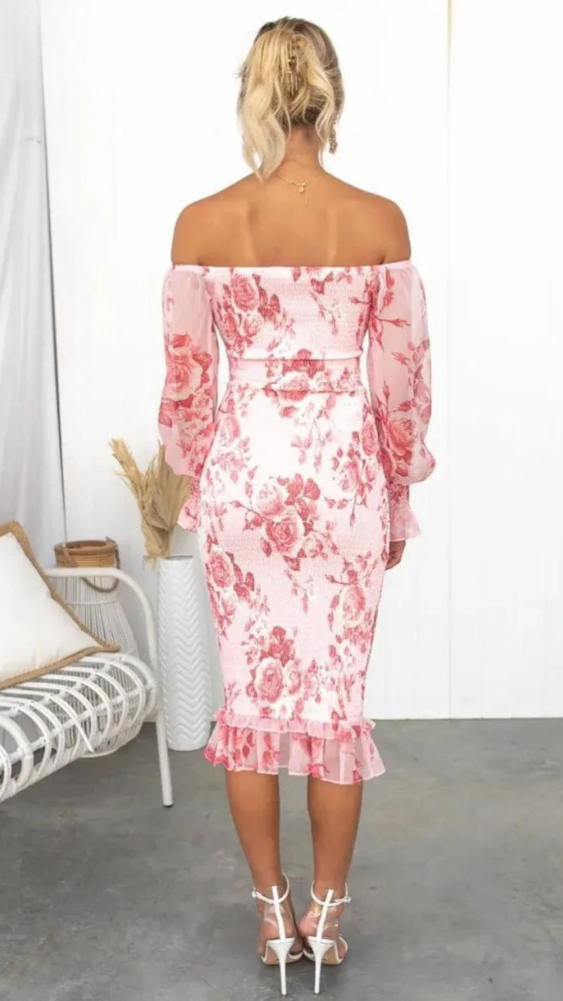 Rosa Off-Shoulder Bodycon Kleid Blumenprint Damen Midikleid Sommer