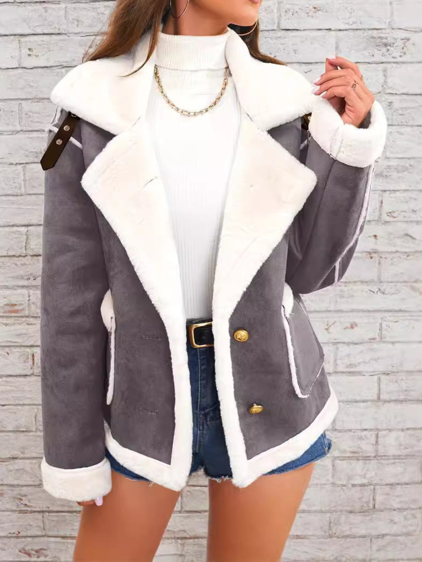 Damen Baumwolljacke Teddyfutter Reverskragen