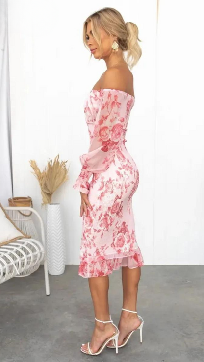 Rosa Off-Shoulder Bodycon Kleid Blumenprint Damen Midikleid Sommer