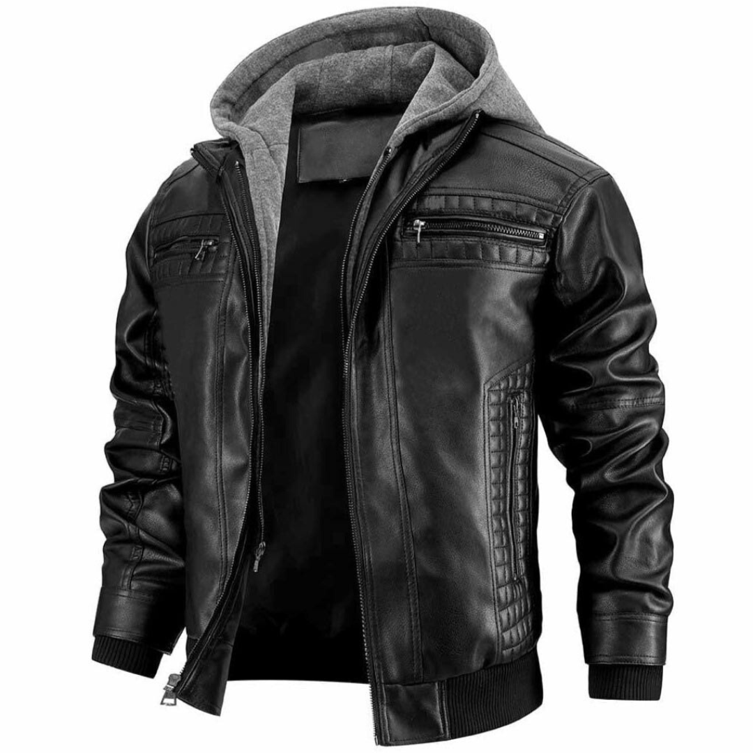 Herren Bikerjacke Kurz mit Kapuze Schwarz - Norvielle