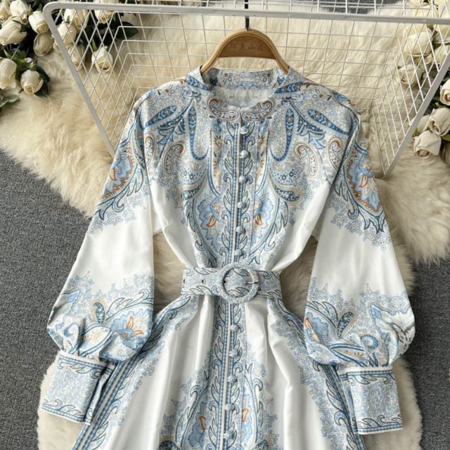 Damen A-Linienkleid mit Gürtel Blumenmuster