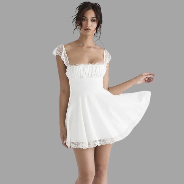Norvielle Damenkleid Spitzenbesatz Fließender Rock