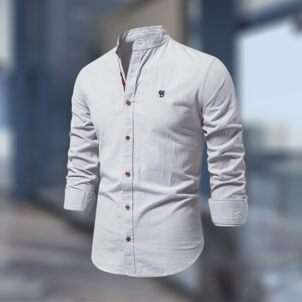 Herren Hemd Stehkragen Langarm Weiss
