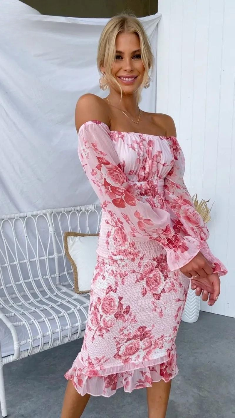 Rosa Off-Shoulder Bodycon Kleid Blumenprint Damen Midikleid Sommer