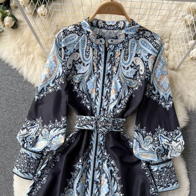 Damen A-Linienkleid mit Gürtel Blumenmuster