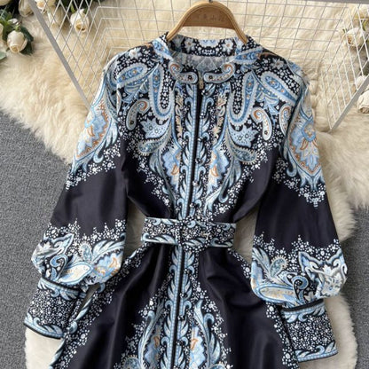 Damen A-Linienkleid mit Gürtel Blumenmuster