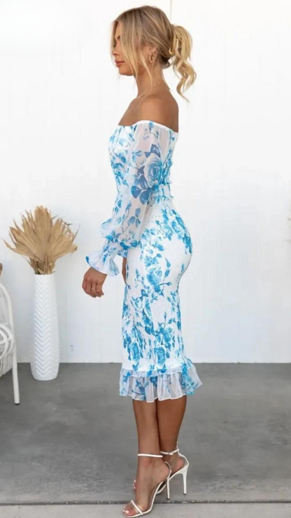 Rosa Off-Shoulder Bodycon Kleid Blumenprint Damen Midikleid Sommer