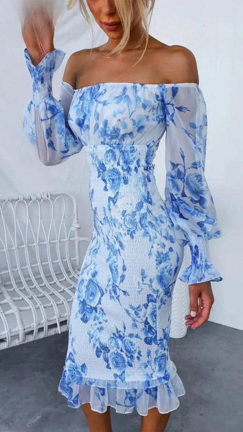 Rosa Off-Shoulder Bodycon Kleid Blumenprint Damen Midikleid Sommer
