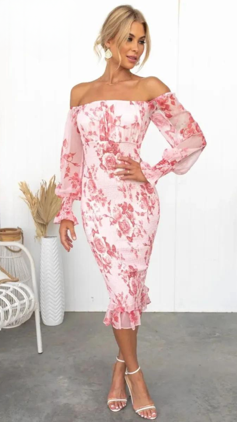 Rosa Off-Shoulder Bodycon Kleid Blumenprint Damen Midikleid Sommer - Norvielle