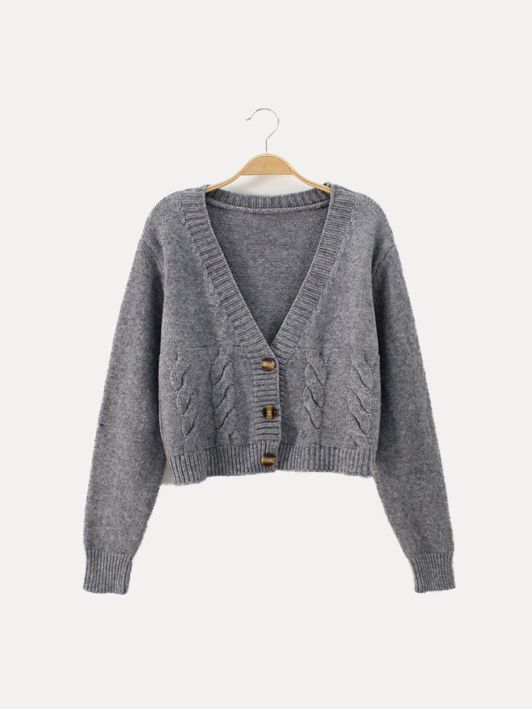 Damen Zopfmuster Strickjacke V-Ausschnitt Knöpfe - Norvielle