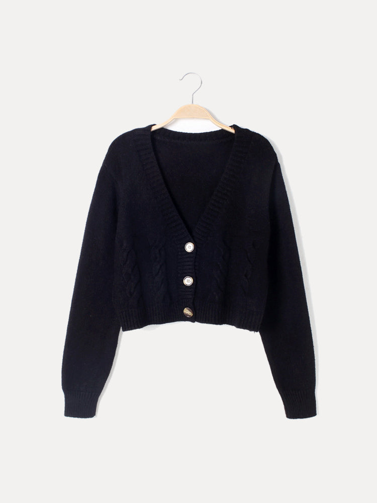 Damen Zopfmuster Strickjacke V-Ausschnitt Knöpfe