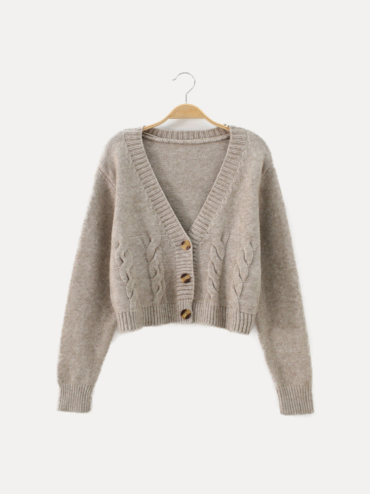 Damen Zopfmuster Strickjacke V-Ausschnitt Knöpfe