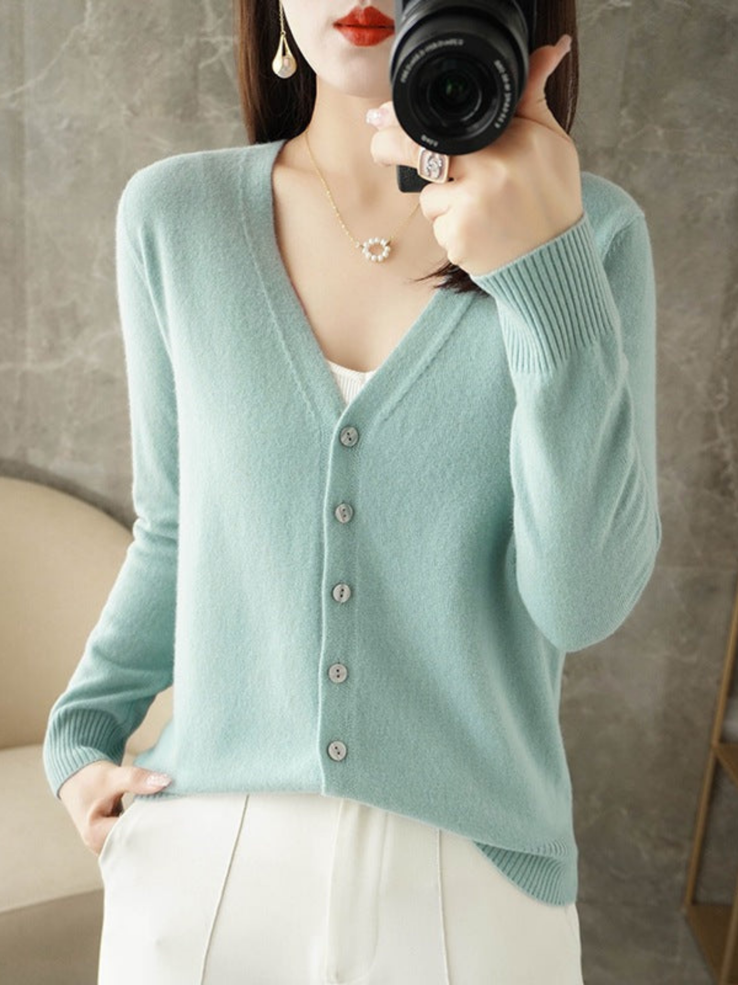 Norvielle Damen V-Ausschnitt Cardigan Lockerer Schnitt