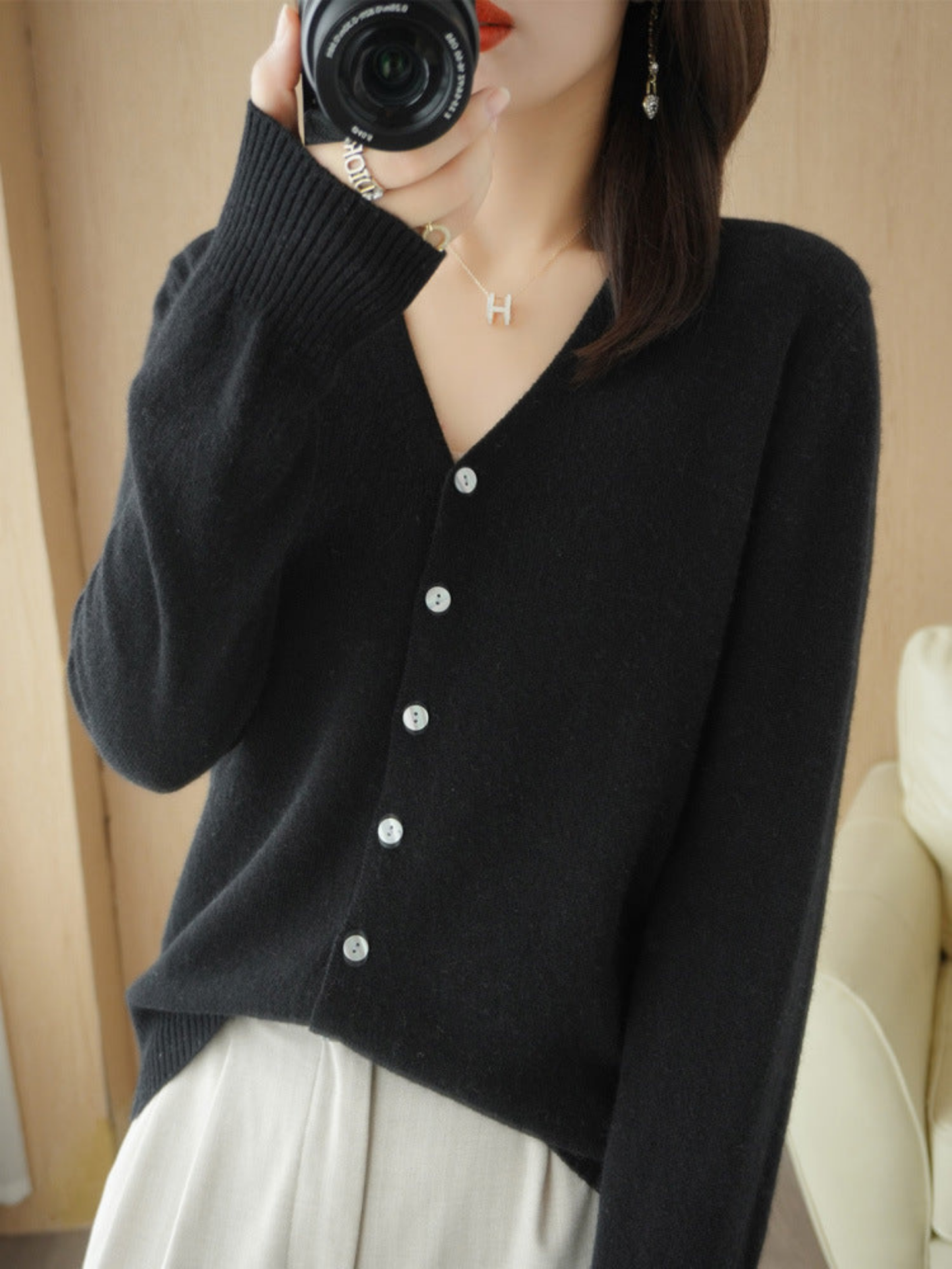 Norvielle Damen V-Ausschnitt Cardigan Lockerer Schnitt