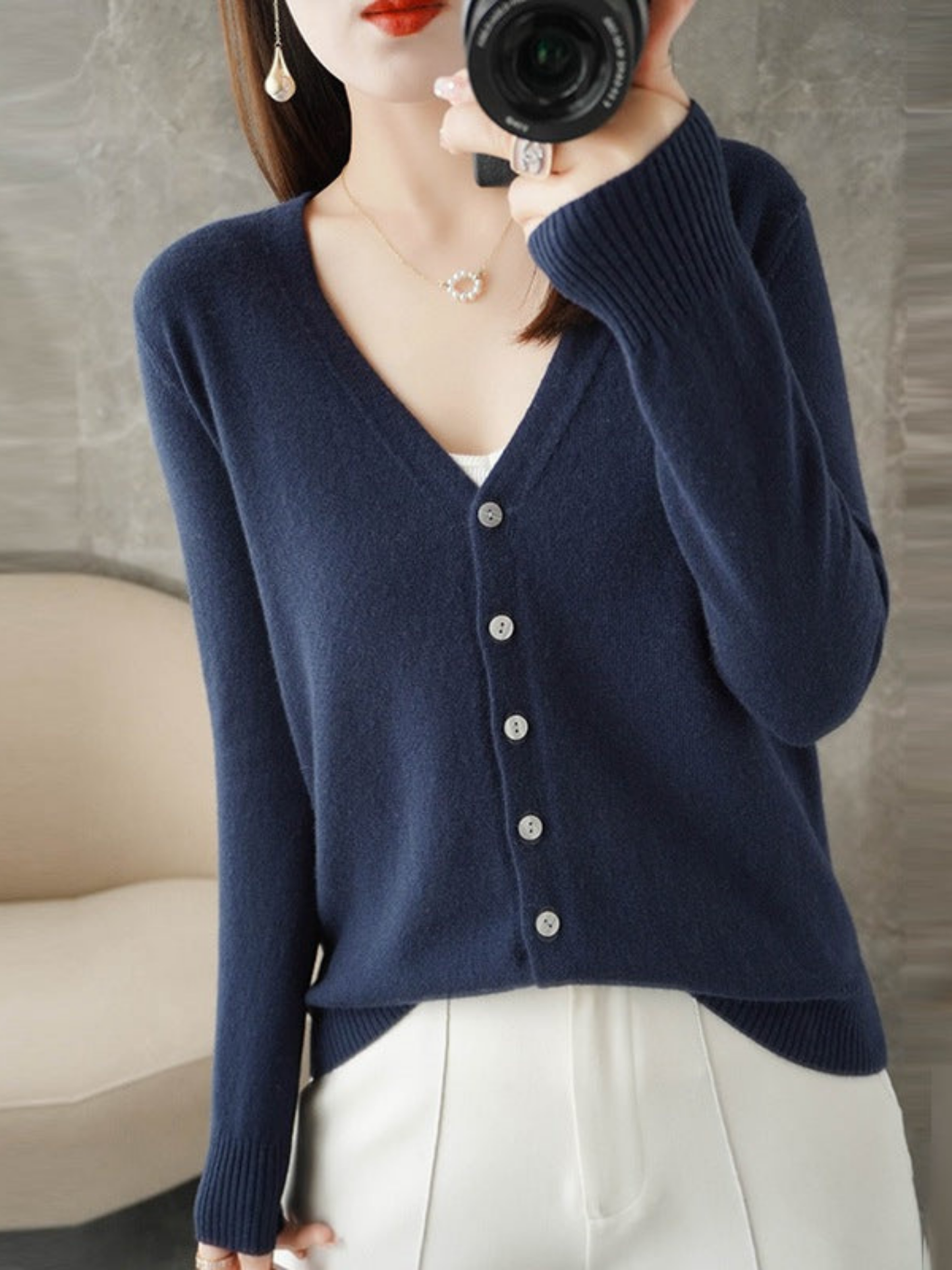 Norvielle Damen V-Ausschnitt Cardigan Lockerer Schnitt