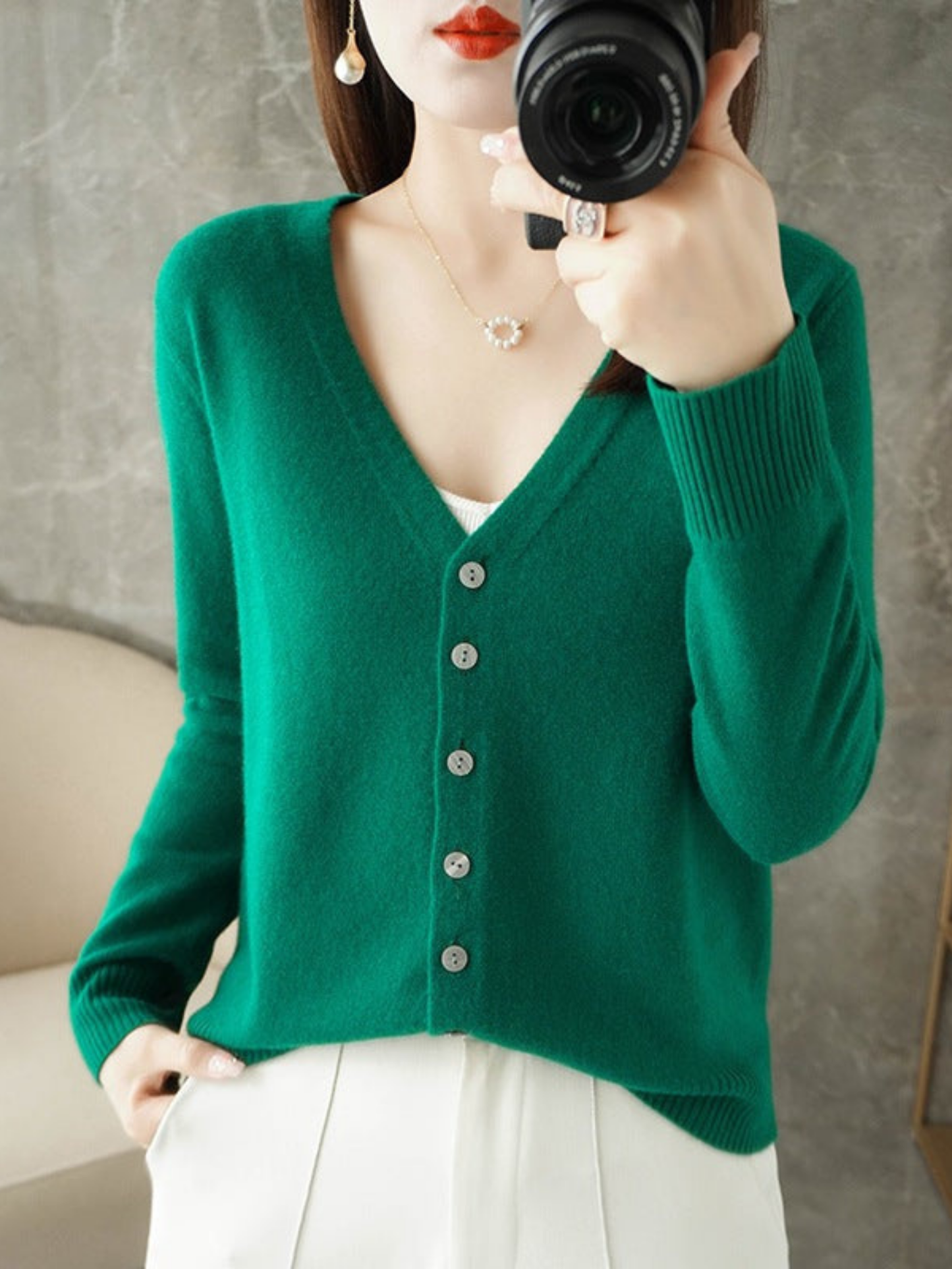 Norvielle Damen V-Ausschnitt Cardigan Lockerer Schnitt