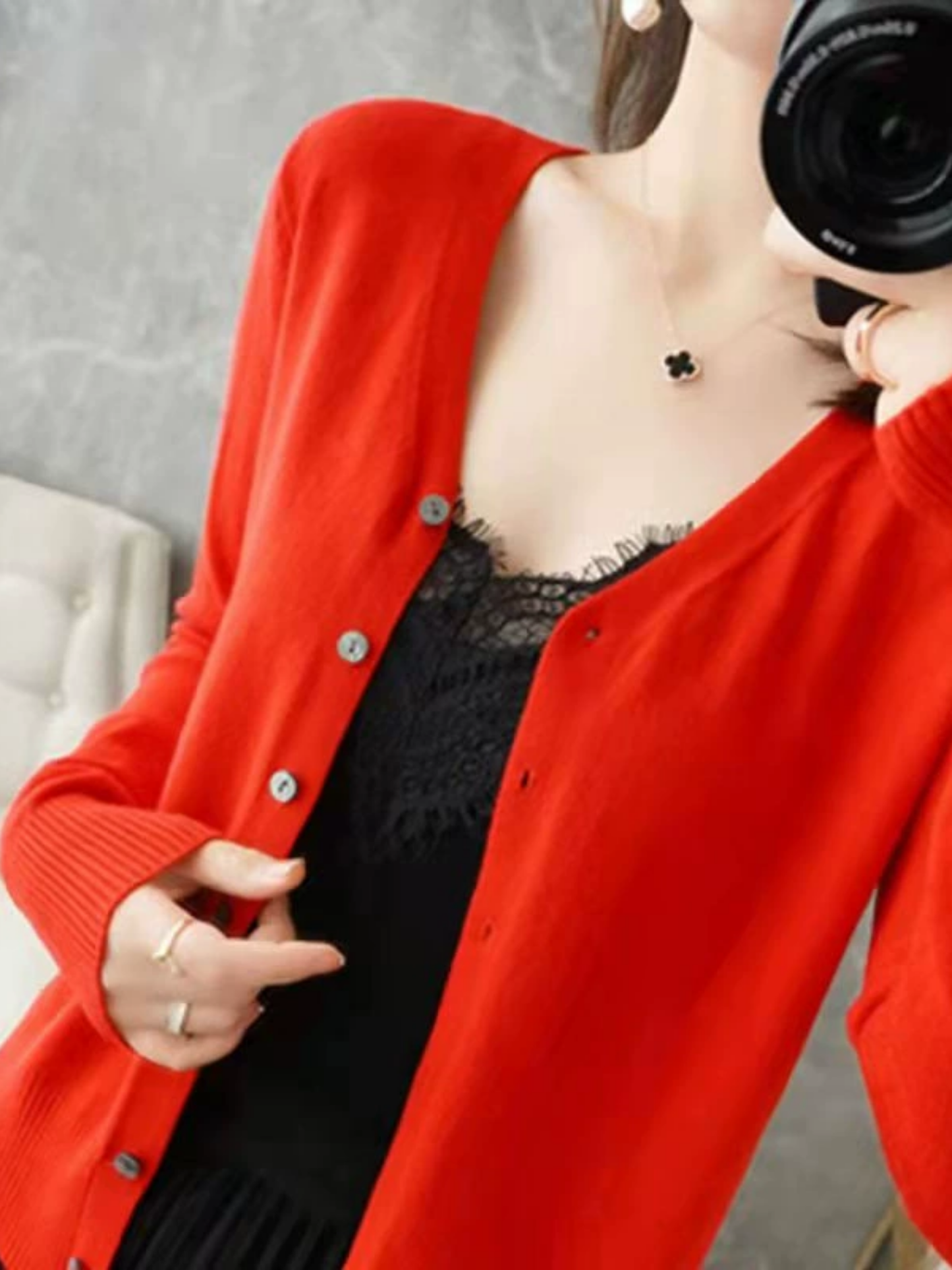 Norvielle Damen V-Ausschnitt Cardigan Lockerer Schnitt