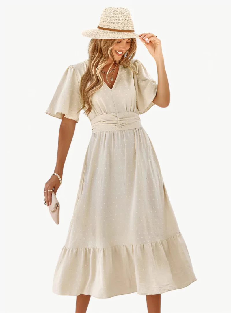 Damen Midi-Sommerkleid V-Ausschnitt Taillenbetonung