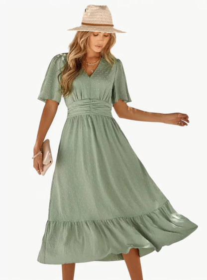 Damen Midi-Sommerkleid V-Ausschnitt Taillenbetonung