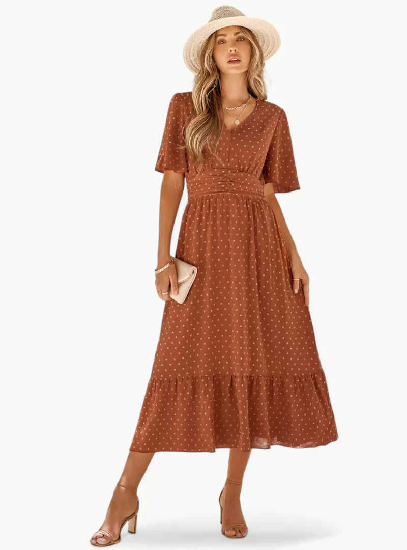 Damen Midi-Sommerkleid V-Ausschnitt Tailliert